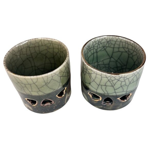 Otagiri Somayaki Soma Ware Double Wall Crackle Glaze Tea Sake Cup Set Of 2 Heart - Picture 5 of 7